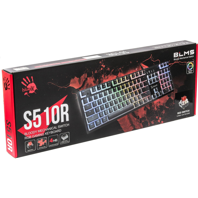 Клавіатура ігрова механічна A4Tech Bloody S510R, червоні світчі, RGB підсвічування клавіш, USB