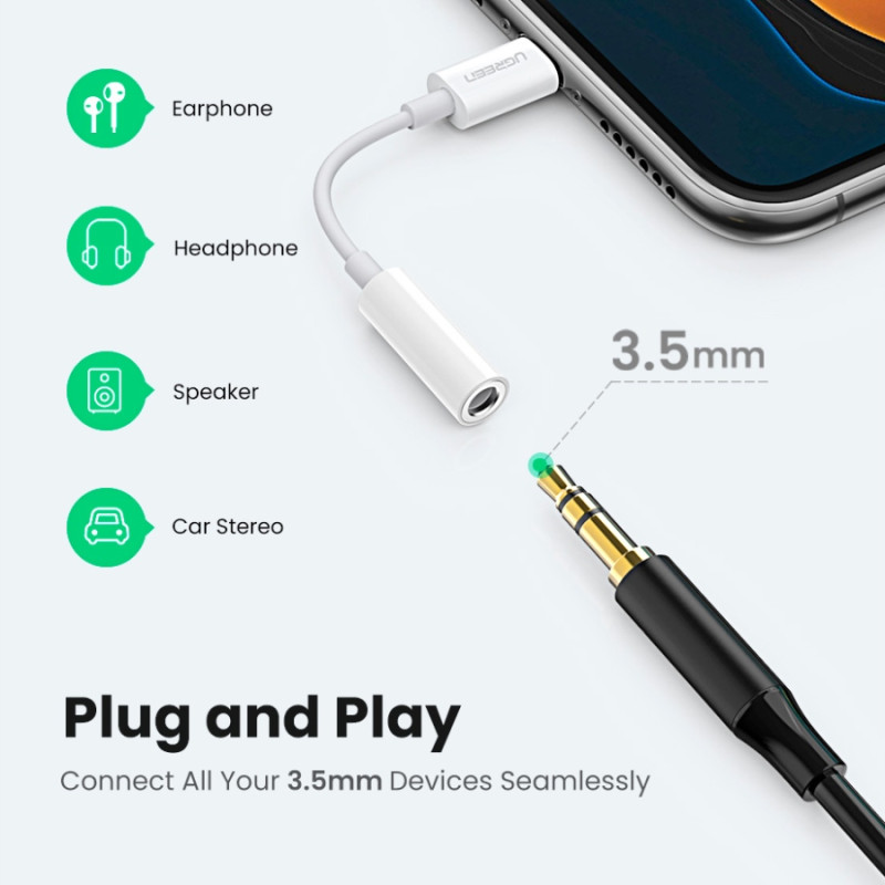 Перехідник Lightning --> 3.5 mm 10cm Headphone Jack Adapter Model US212 UGREEN Білий