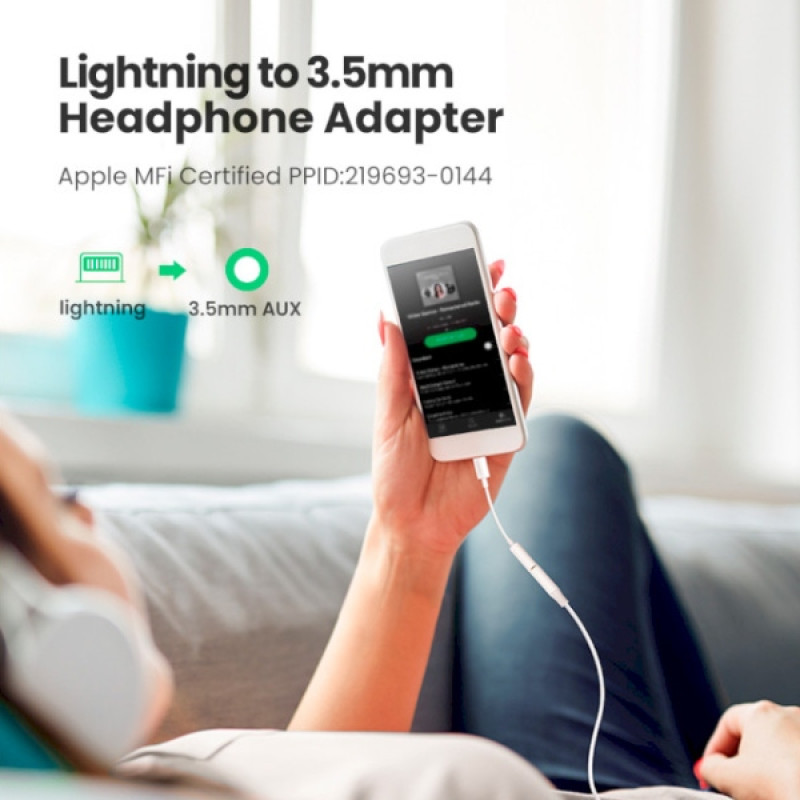 Перехідник Lightning --> 3.5 mm 10cm Headphone Jack Adapter Model US212 UGREEN Білий