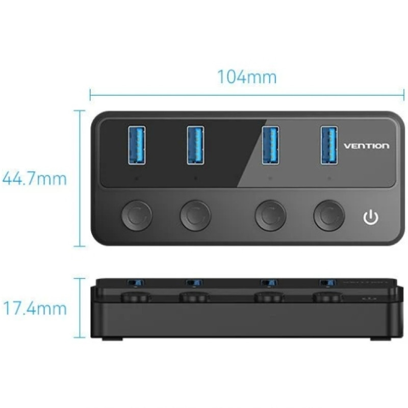 Хаб USB 3.0 -> 4xUSB 3.0, з вимикачами, 1.0м, з живленням USB-С,чорний Vention