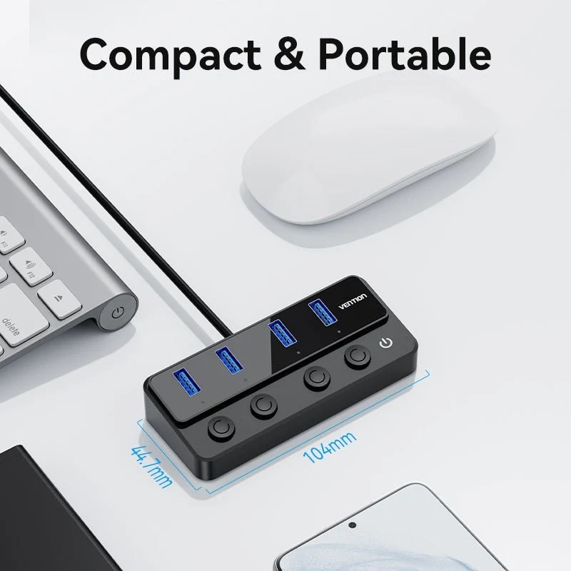 Хаб USB 3.0 -> 4xUSB 3.0, з вимикачами, 1.0м, з живленням USB-С,чорний Vention