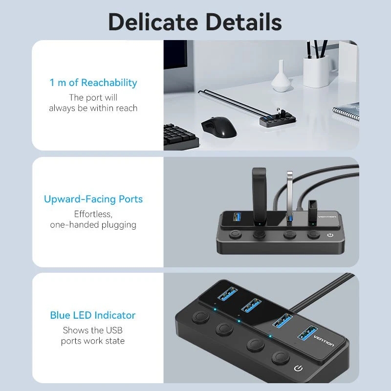 Хаб USB 3.0 -> 4xUSB 3.0, з вимикачами, 1.0м, з живленням USB-С,чорний Vention