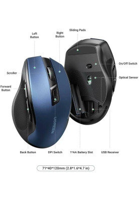 Мишка UGREEN 2.4GHz MU006, бездротова, 4000dpi., 4кн.,Silence Design, Синя
