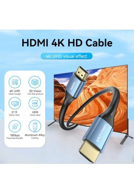 Кабель HDMI M - M,10.0 м, V2.0, 4K 60Гц, Aluminum Alloy Blue Vention