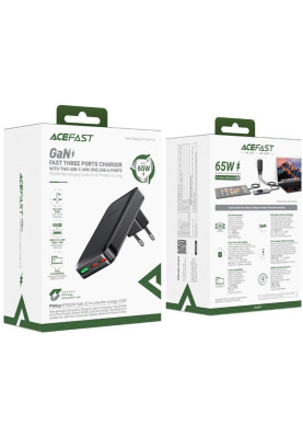 Зарядний пристрій 3xUSB 65W (2xUSB-C+USB-A) Gan A100 Fast Charger Ultra thin black Acefast