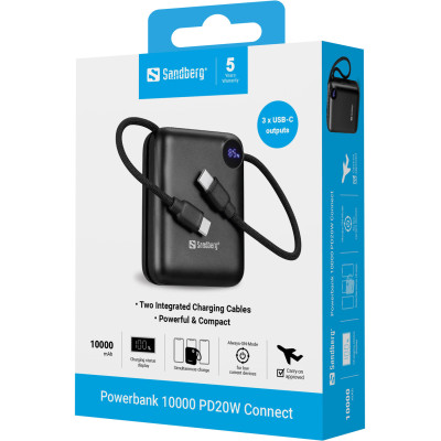 УМБ Sandberg 10000mAh 20W PD,QC3.0, USB-C In/Out, PowerThru, with built-in 2xUSB-C cables