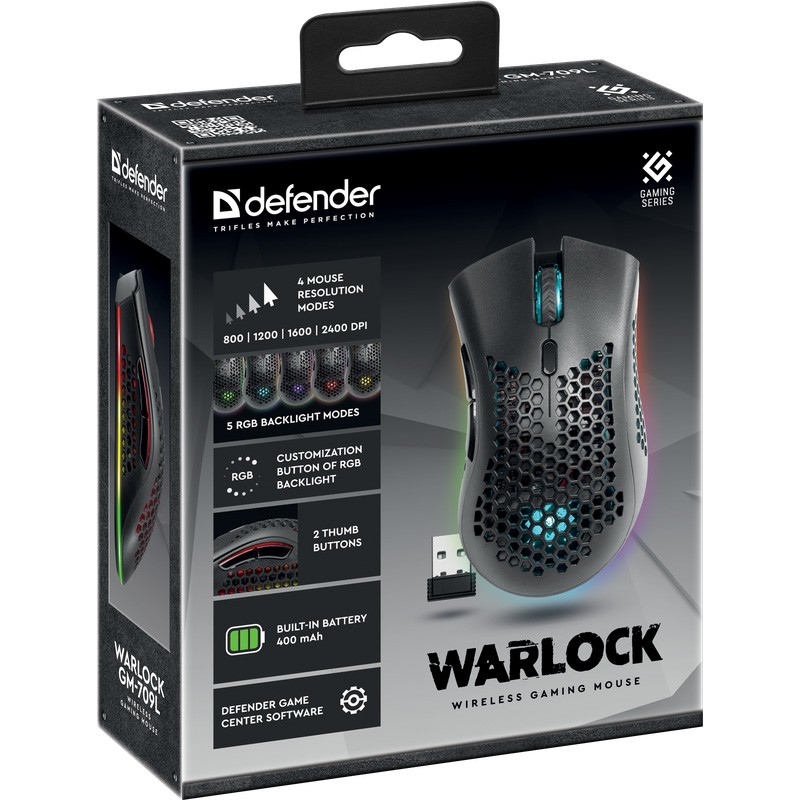 Мишка Defender Warlock GM-709L RGB ігрова, бездротова 2400dpi., 7кн., чорна