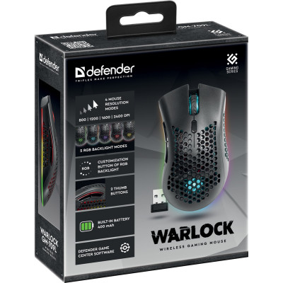 Мишка Defender Warlock GM-709L RGB ігрова, бездротова 2400dpi., 7кн., чорна Мишка Defender Warlock GM-709L RGB ігрова, бездротова 2400dpi., 7кн., чорна