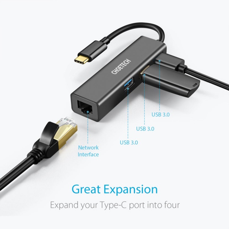 Хаб USB 3.1 -> 3хUSB 3.0+RJ45(1000M) Ethernet 4 in 1 Hub Choetech