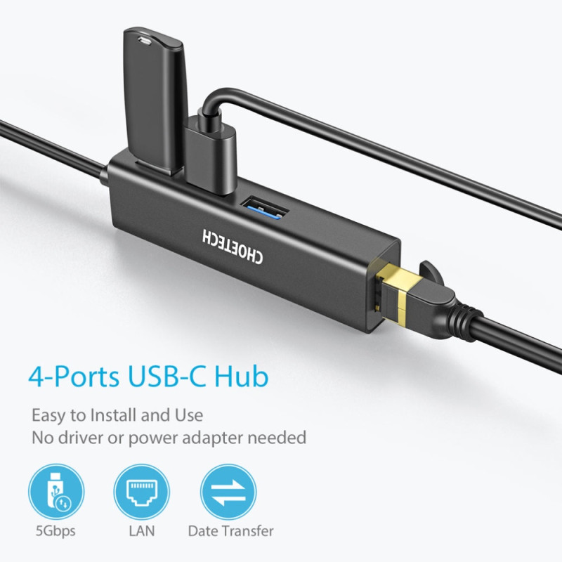 Хаб USB 3.1 -> 3хUSB 3.0+RJ45(1000M) Ethernet 4 in 1 Hub Choetech