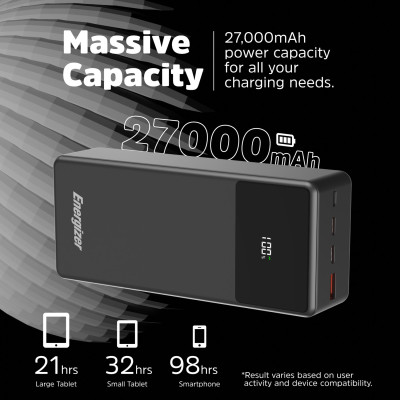 УМБ Energizer 27000mAh 65W PD,QC3.0,USB-А, 2хUSB-C, Micro-USB, LCD display,Black УМБ Energizer 27000mAh 65W PD,QC3.0,USB-А, 2хUSB-C, Micro-USB, LCD display,Black