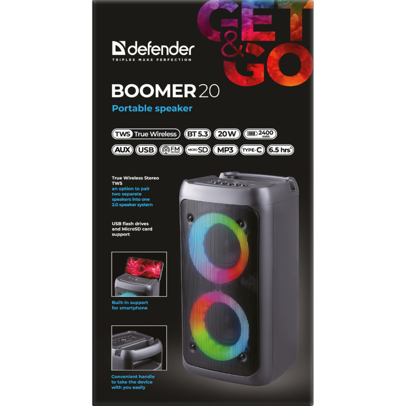 Акустична система 1.0 Defender Boomer 20, 20Вт Light/BT/FM/USB/AUX/MIC, чорна