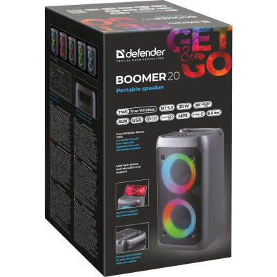 Акустична система 1.0 Defender Boomer 20, 20Вт Light/BT/FM/USB/AUX/MIC, чорна