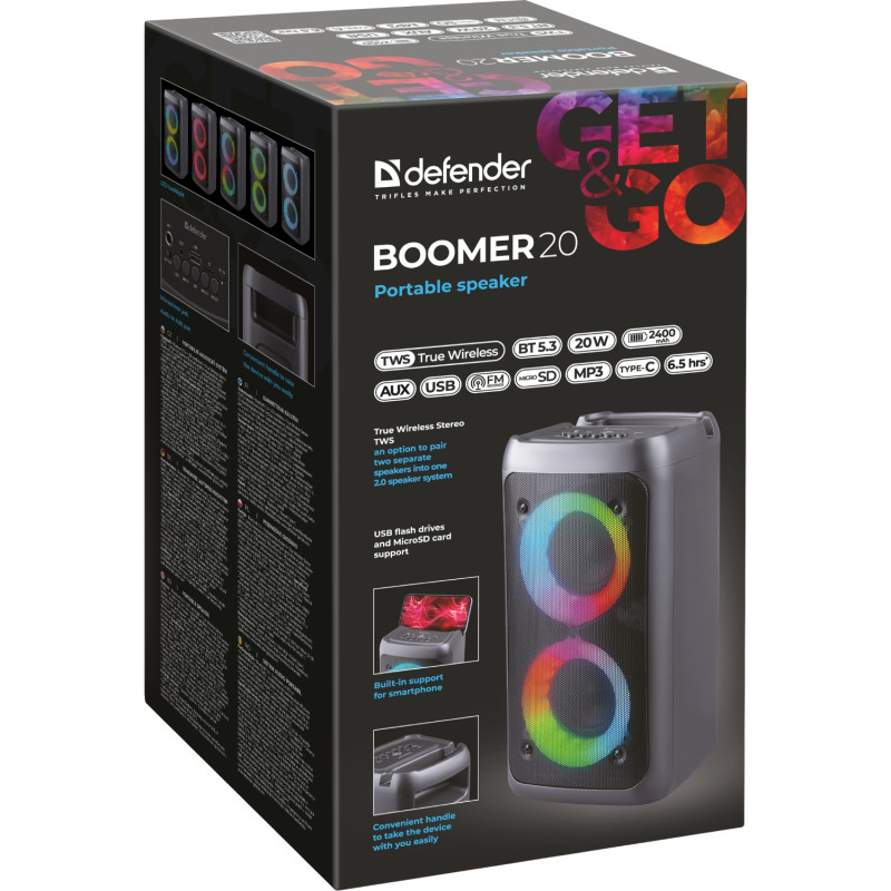 Акустична система 1.0 Defender Boomer 20, 20Вт Light/BT/FM/USB/AUX/MIC, чорна