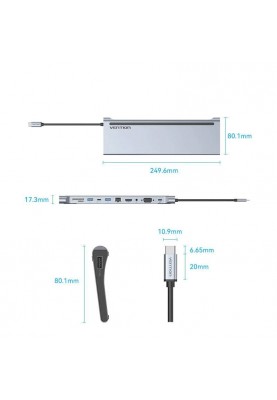 Док-станція USB3.1 Type-C --> HDMI/VGA/USB3.0x3/RJ45/SD/TF/TRRS 3.5mm/PD 100W Vention 11in1