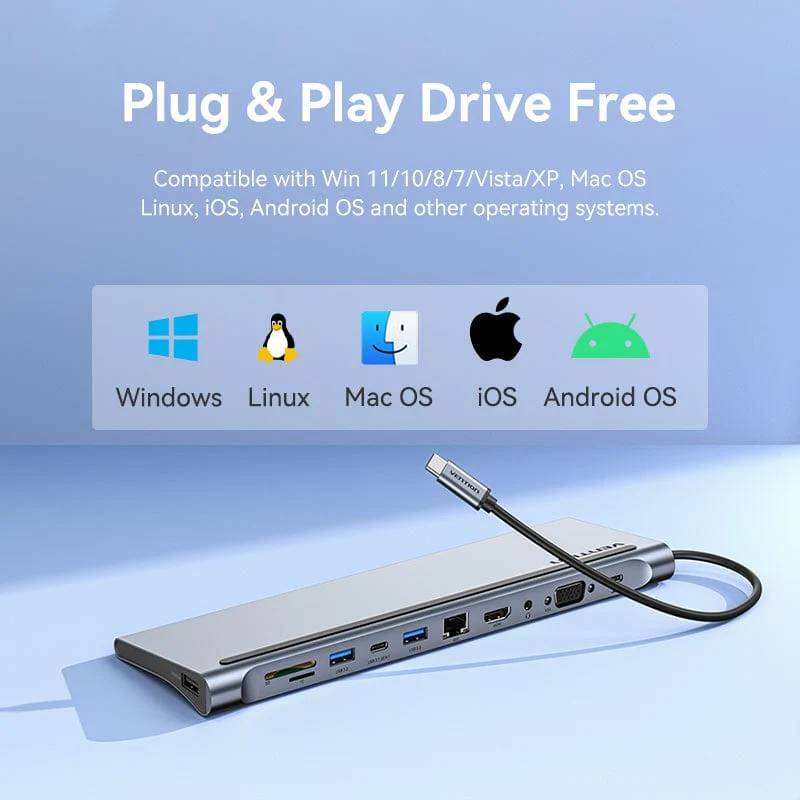 Док-станція USB3.1 Type-C --> HDMI/VGA/USB3.0x3/RJ45/SD/TF/TRRS 3.5mm/PD 100W Vention 11in1