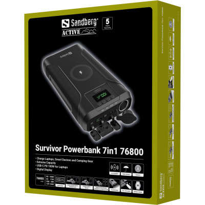 УМБ Sandberg 76800mAh Survivor DC91W PD100W,2xUSB-С+USB-A18W,Cigar Lighter120W,QI-15W,PowerThru УМБ Sandberg 76800mAh Survivor DC91W PD100W,2xUSB-С+USB-A18W,Cigar Lighter120W,QI-15W,PowerThru