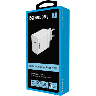Зарядний пристрій 1xUSB 65W (USB-C) PD QC3.0 білий Sandberg