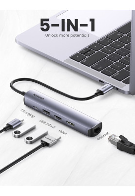 Док-станція USB3.1 Type-C --> HDMI/USB 3.0x2/RJ45/PD Ugreen CM418 Сіра