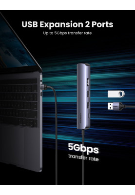 Док-станція USB3.1 Type-C --> HDMI/USB 3.0x2/RJ45/PD Ugreen CM418 Сіра