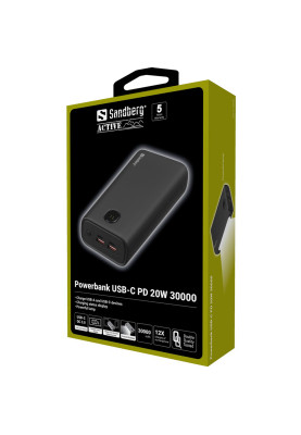 УМБ Sandberg PD 30000mAh 20W 1,7A QC3.0, UPS mode, 2хUSB, Type-C OUT, ліхтарик