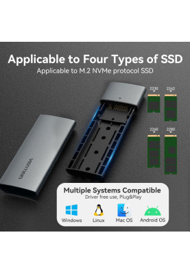 Зовнішня кишеня для SSD M.2 (NVME) M-key USB Type-C 3.2 сіра Vention