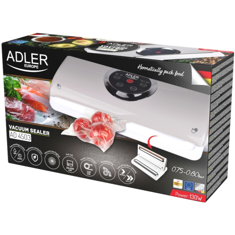 Вакууматор Adler AD 4503 для пакетів,рулонів та контейнерів/ 130Вт/ 30см/ ел. керування/ сірий