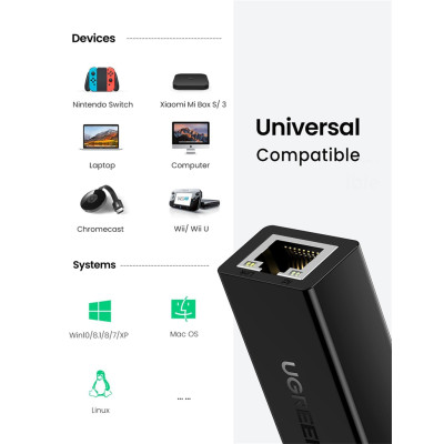 Перехідник USB 2.0 --> Ethernet RJ45 10/100 Mb CR110 UGREEN Білий