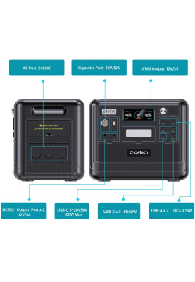 Зарядна станція Choetech BS008 2400Вт (2048Вт/г) AC,LiFePo4,MPPT, UPS, USB-C PD100 Вт