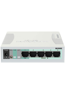 Комутатор Mikrotik RB260GS, 5-port Gigabit smart switch with SFP cage, SwOS, plastic case, PSU