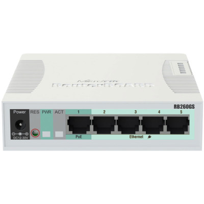 Комутатор Mikrotik RB260GS, 5-port Gigabit smart switch with SFP cage, SwOS, plastic case, PSU