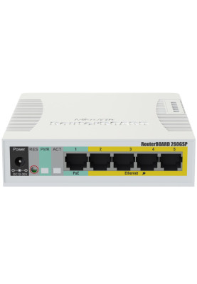 Комутатор Mikrotik RB260GSP, 5-port Gigabit smart switch with SFP cage, SwOS, plastic case, PSU