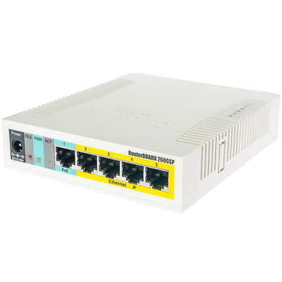 Комутатор Mikrotik RB260GSP, 5 Gigabit ports and SFP cage, SwOS, plastic case, PSU, POE-OUT