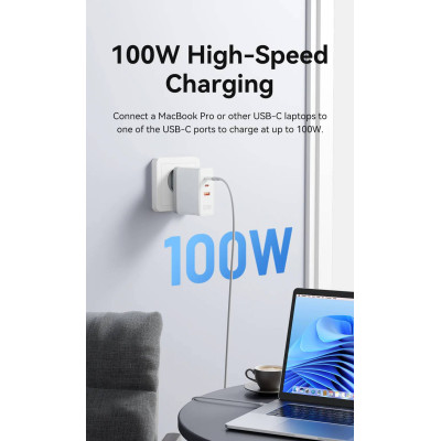 Зарядний пристрій 3xUSB 100W GaN (2хUSB-C+USB-A) білий Vention