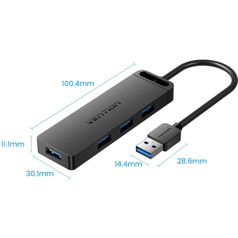 Хаб USB 3.0 -> 4xUSB 3.0, 1.0м, з живленням Micro-USB,чорний Vention