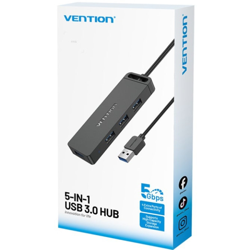 Хаб USB 3.0 -> 4xUSB 3.0, 1.0м, з живленням Micro-USB,чорний Vention
