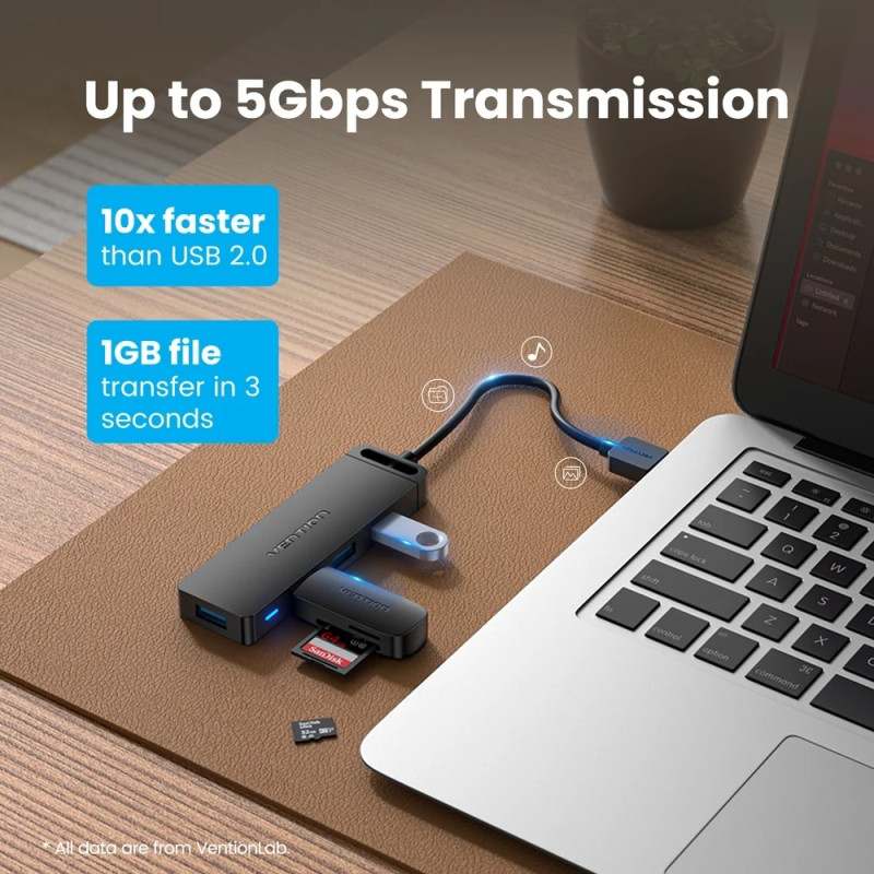 Хаб USB 3.0 -> 4xUSB 3.0, 1.0м, з живленням Micro-USB,чорний Vention