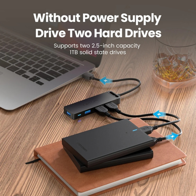 Хаб USB 3.0 -> 4xUSB 3.0, 1.0м, з живленням Micro-USB,чорний Vention
