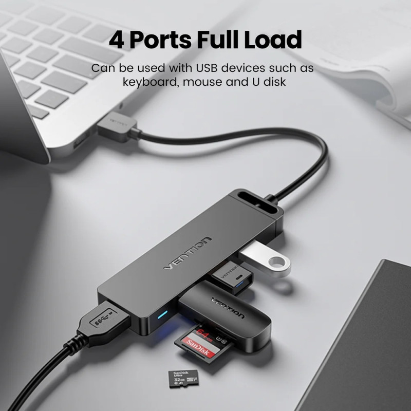 Хаб USB 3.0 -> 4xUSB 3.0, 1.0м, з живленням Micro-USB,чорний Vention