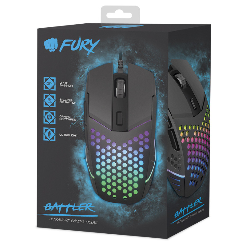 Мишка Fury Battler, ігрова, 6400dpi, 6 кн., чорна USB