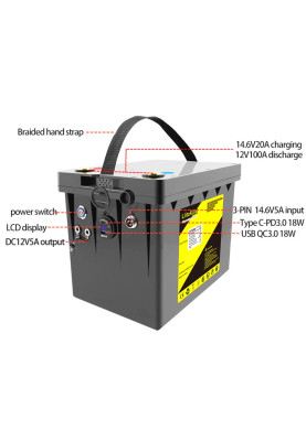 Акумуляторна батарея LiitoKala LiFePO4 DC-12V100Ah, LED, XLR 3PIN, DC5.5 * 2.1/2 5A, USB3.0/1 18W, P
