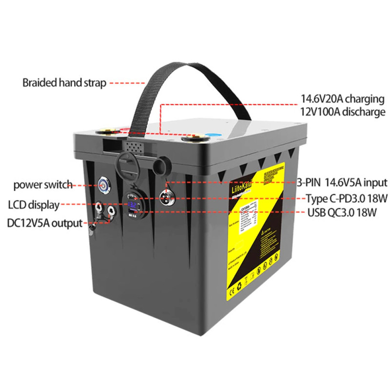 Акумуляторна батарея LiitoKala LiFePO4 DC-12V100Ah, LED, XLR 3PIN, DC5.5 * 2.1/2 5A, USB3.0/1 18W, P