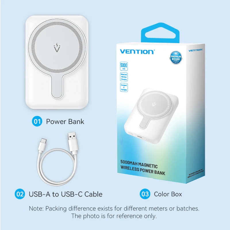 УМБ Vention Magnetic Wireless 5000mAh 20W 3A,PD 1xUSB-C,Light Indicator, White