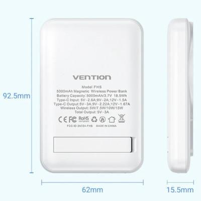 УМБ Vention Magnetic Wireless 5000mAh 20W 3A,PD 1xUSB-C,Light Indicator, White