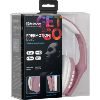 Гарнітура Defender FreeMotion B525, Bluetooth+3,5мм, White-Pink Гарнітура Defender FreeMotion B525, Bluetooth+3,5мм, White-Pink