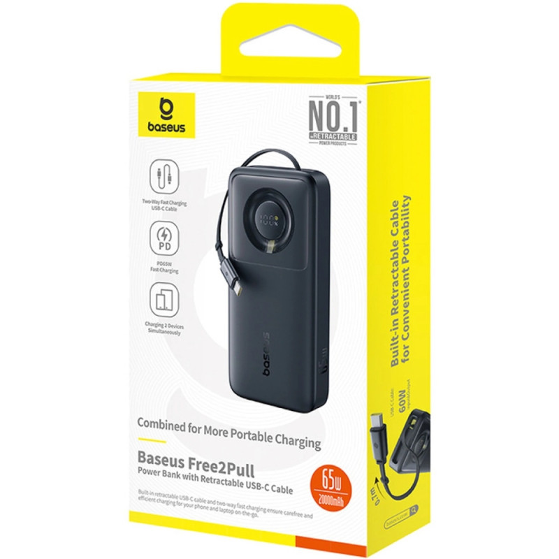 УМБ Baseus Free2Pull 20000mAh 65W PD, USB-C In/Out, built-in USB-C cable Black