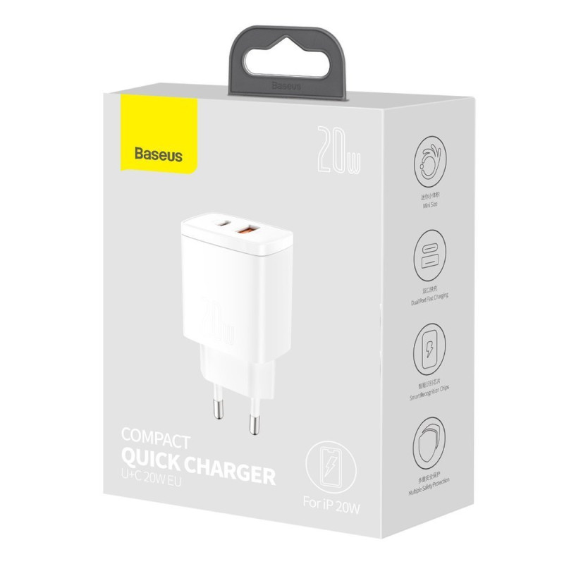 Зарядний пристрій 2xUSB 20W (USB-C+USB-A) Білий Baseus