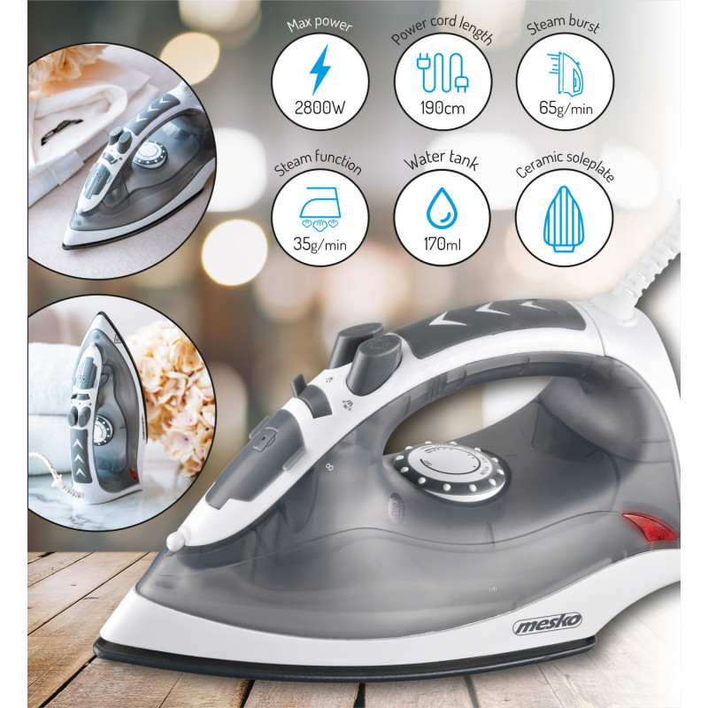 Праска Mesko MS 5037 grey 2800Вт/ 170 мл/ кераміка/ сухе прасування/ сіра