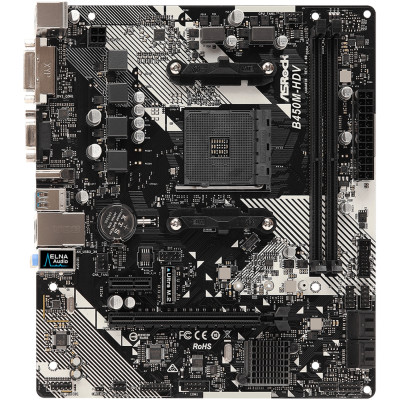 ASRock B450M-HDV R4.0 (AM4/B450, 2*DDR4, PCIex16, DVI-D/HDMI/VGA, 4xSATA, M.2, GLan, 8ch, mATX)