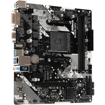 ASRock B450M-HDV R4.0 (AM4/B450, 2*DDR4, PCIex16, DVI-D/HDMI/VGA, 4xSATA, M.2, GLan, 8ch, mATX)